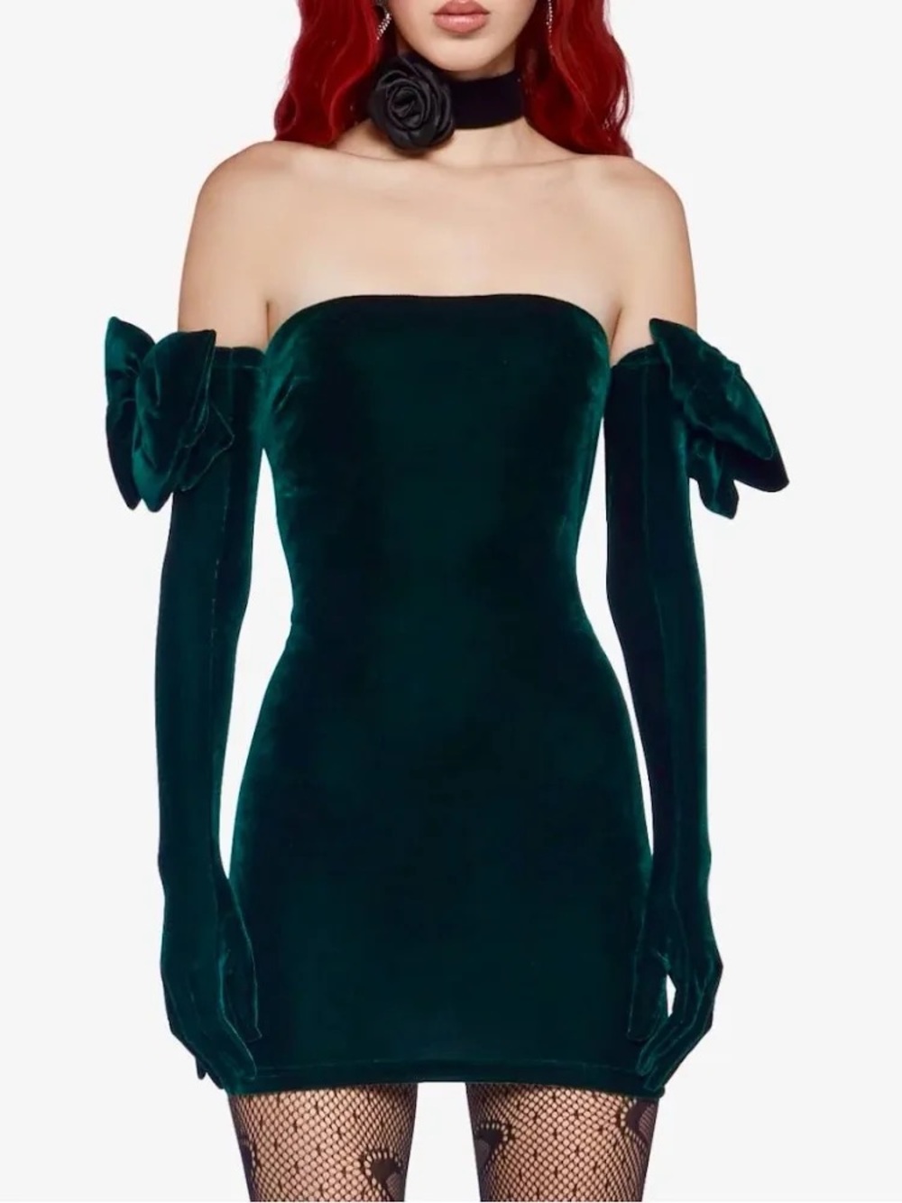 Sugar Thrillz DollsKill Strapless Velvet Mini Dress with Bow Glove Sleeves